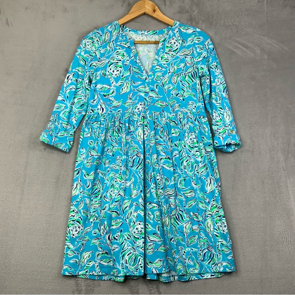 Lilly Pulitzer Loran Swing Dress‎ Turquoise Oasis Outta Line Print. Women’s XS.